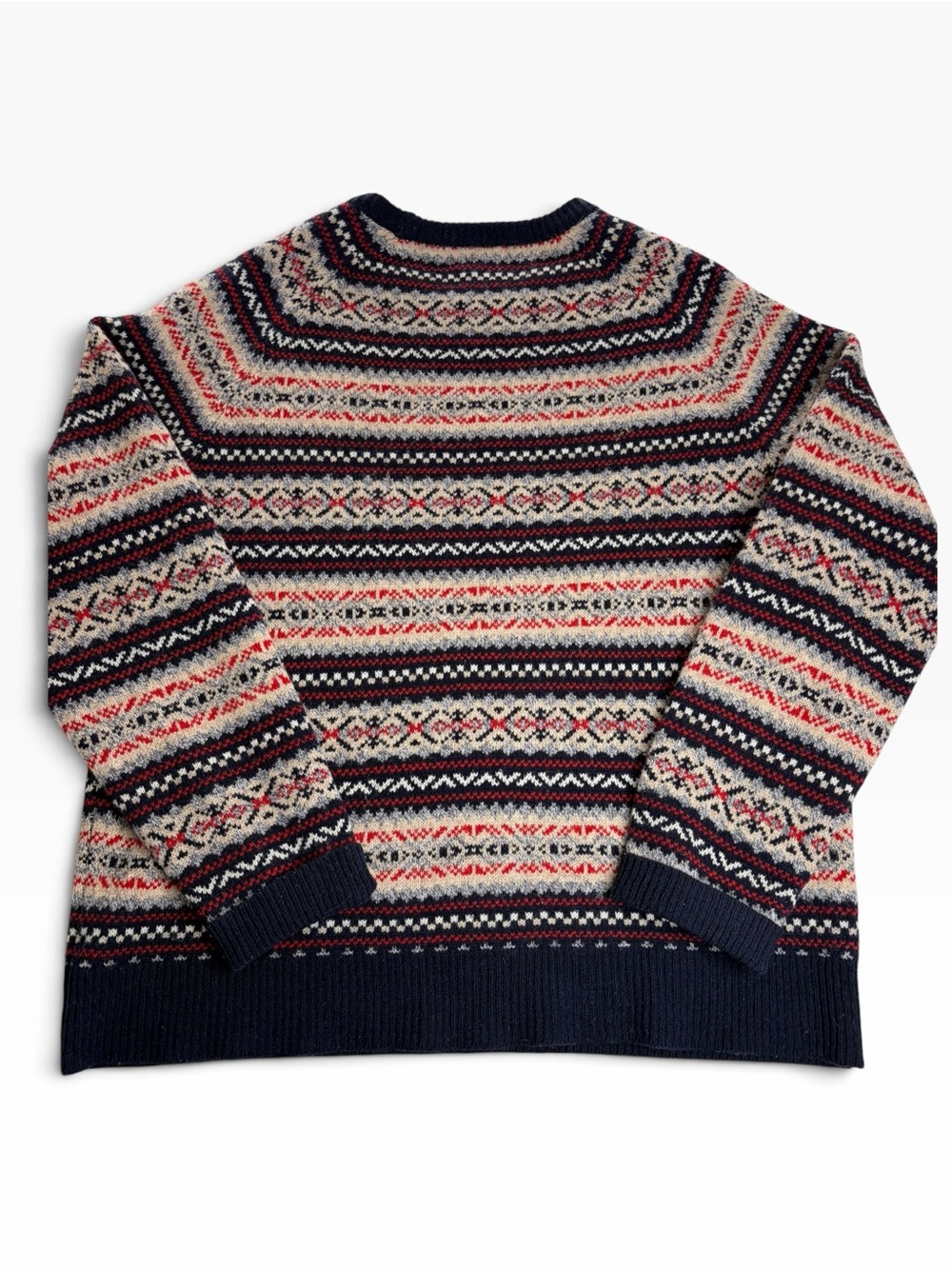 J Crew Men's Lamb’s Wool Fair Isle Crewneck Sweater - Navy, Cream & Red L